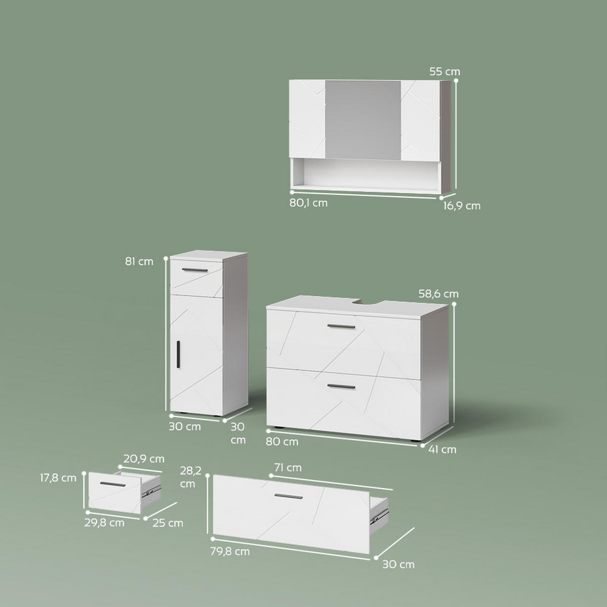 BADMÖBEL-SET Ronco Weiß Hochglanz 3 Teile, mit Schubladenschrank und Midischrank - Weiß Hochglanz/Weiß, Holzwerkstoff (41/80/58cm) - Livinity®