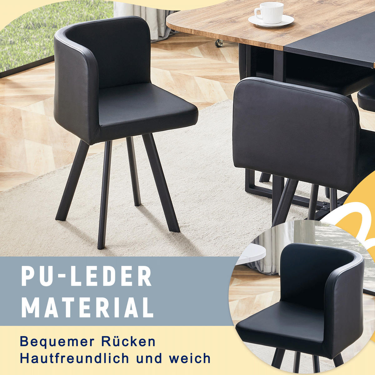ESSGRUPPE DE-39495 ausziehbar, mit 4 Stühlen und Metallgestell Holzoptik/Schwarz - Schwarz/Naturfarben, Holzwerkstoff (150/79/100cm) - ComfortXL