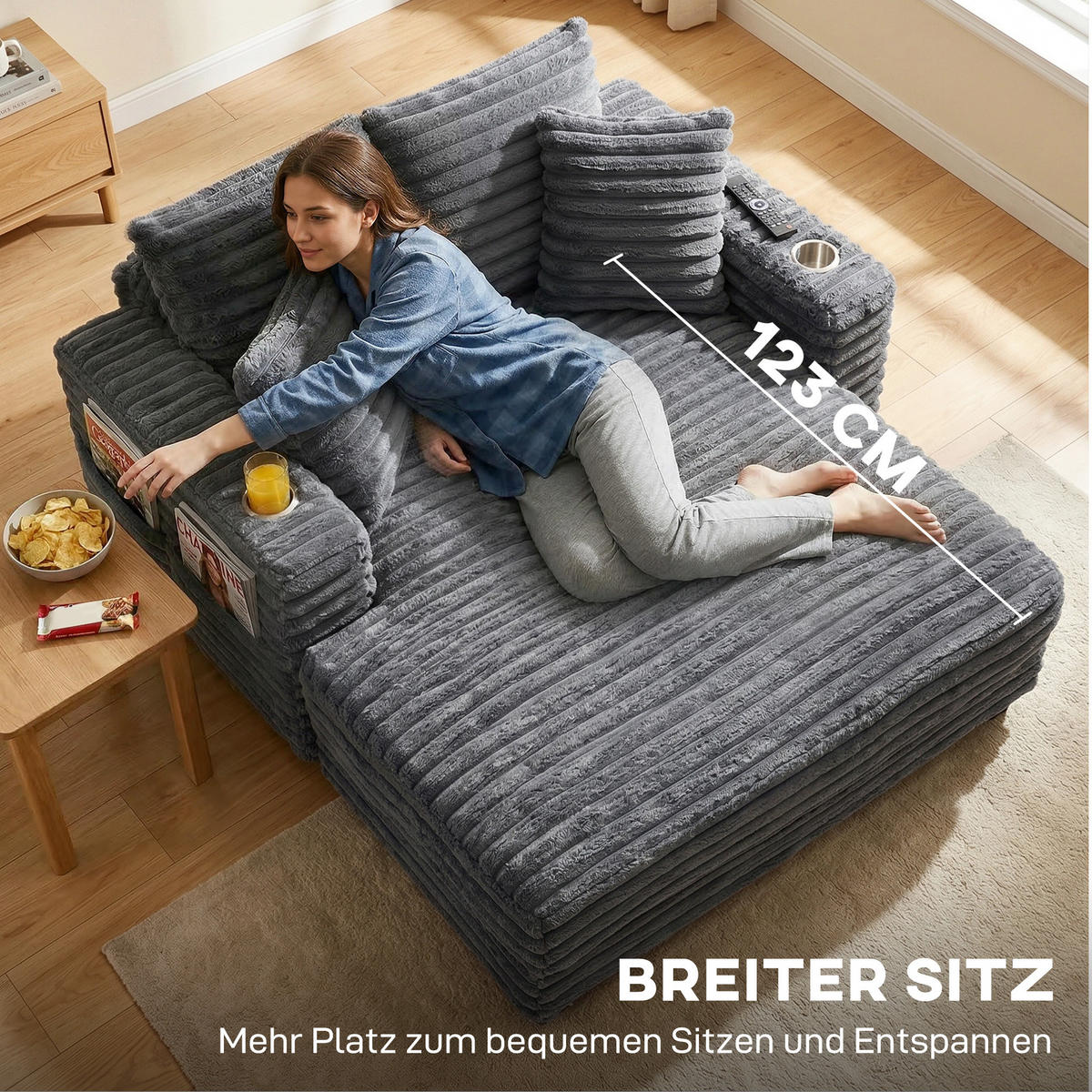 CHAISELONGUE 2 SITZER DE-06570 Großes Schlafsofa mit Becherhalter Grau - Grau, Holz/Textil (134/89/151cm) - ComfortXL