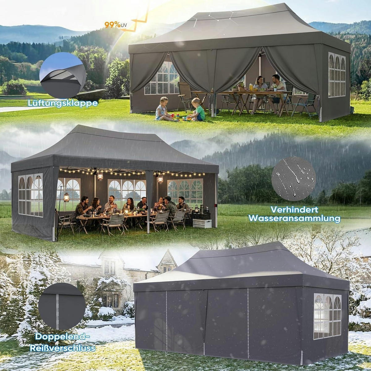 FALTPAVILLON 3x6m wasserdicht mit Seitenwänden und UV-Schutz - Grau, Textil (585/310/293cm)