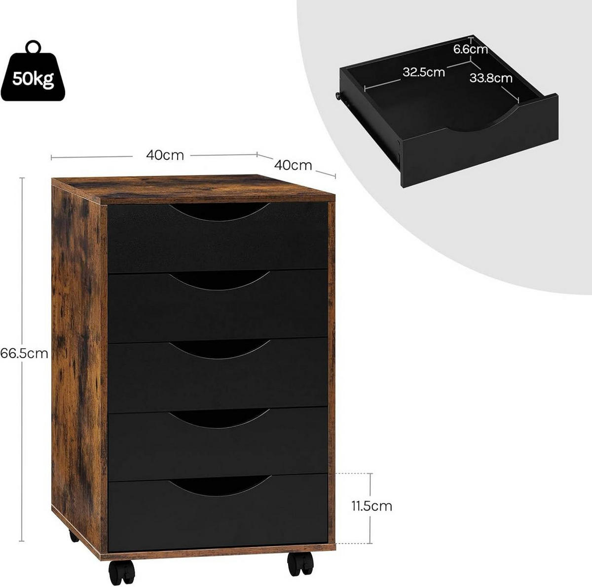 ROLLCONTAINER mit 5 Schubladen, Rustikales Braun - Dunkelbraun/Schwarz, Holzwerkstoff (40/66.5/40cm) - Woltu
