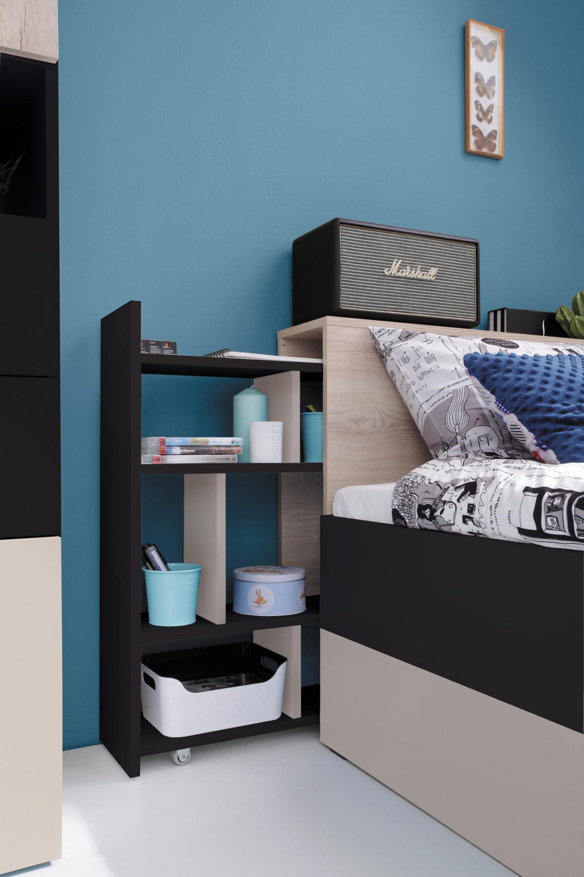 JUGENDBETT Spuki in Schwarz, Eiche und Beige – Jugendbett 90x200cm - Schwarz, Holzwerkstoff