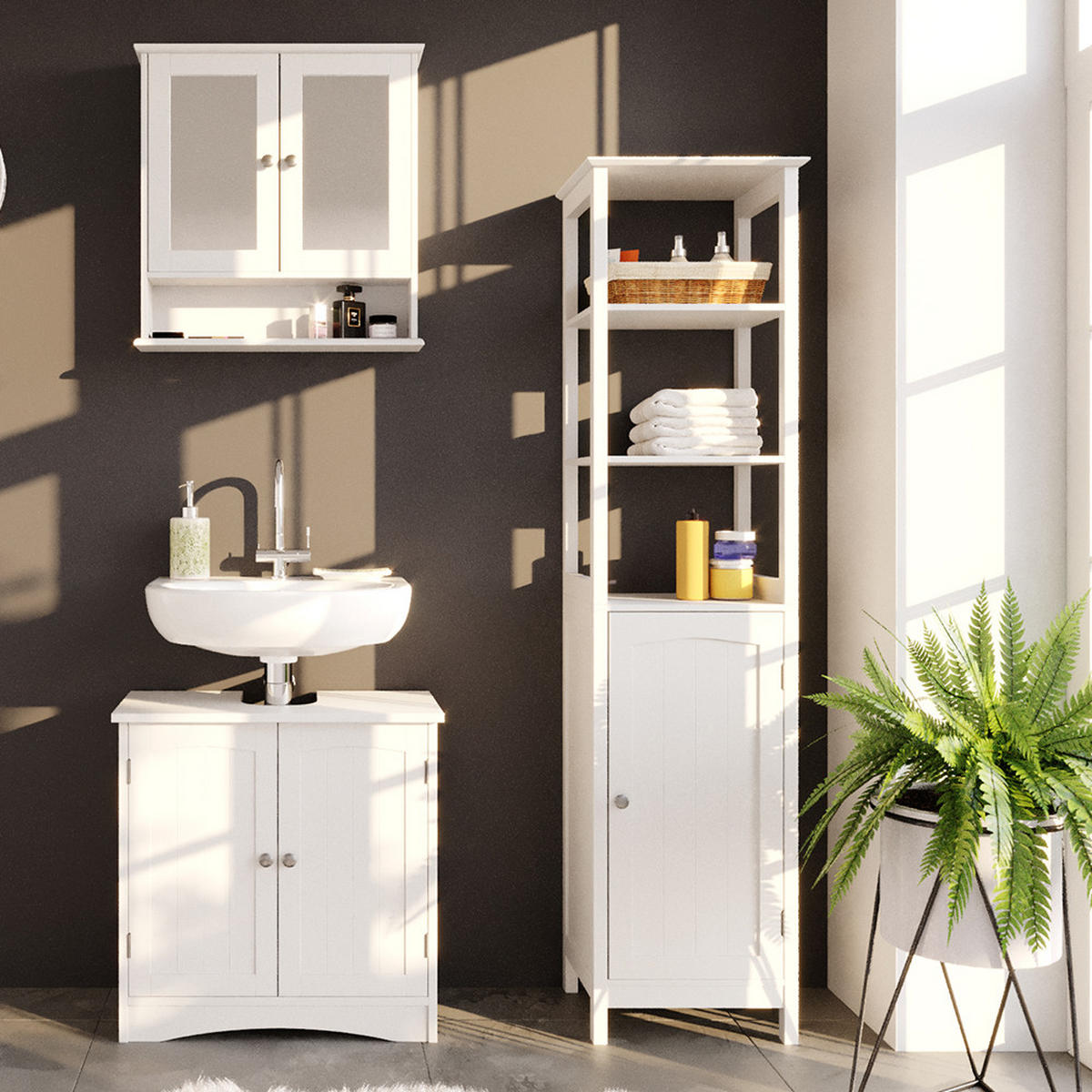 BADMÖBEL-SET Bianco Weiß 3 Teile, mit Hochschrank - Weiß, Holzwerkstoff (60/60/30cm) - Vicco