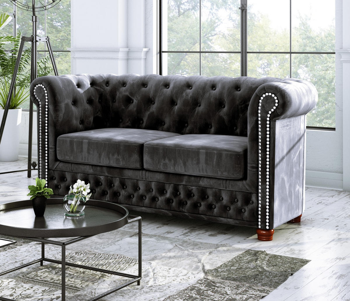 CHESTERFIELD-SOFA 2-sitzer Lauren Schwarz Samt - Schwarz/Braun, Holz/Textil (148/72/86cm) - S-Style Möbel