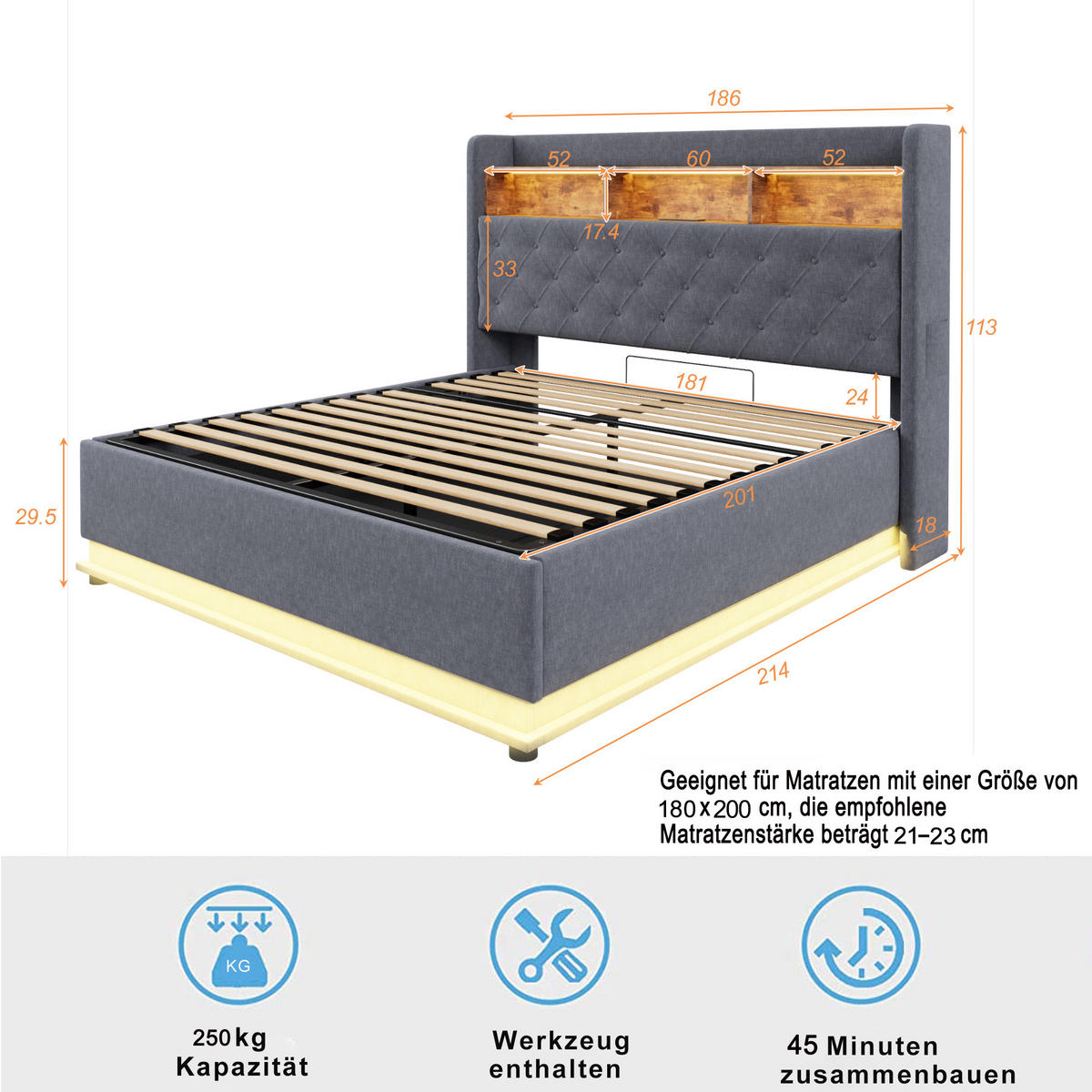 POLSTERBETT 180/200 cm Grau mit LED-Beleuchtung und USB-Anschluss aus Leinen - Grau, Textil (180/200cm) - OKWISH