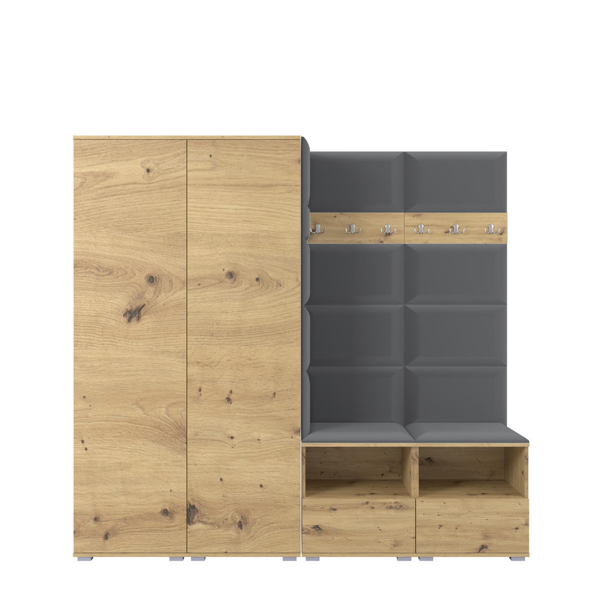 GARDEROBE NELA VI 200 cm (Kompaktgarderobe Artisan Eiche mit Sitzpolster Dunkelgrau 15 Schrank & Paneel) - Dunkelgrau/Silberfarben, Holz/Holzwerkstoff (200/187/40cm) - Ravio
