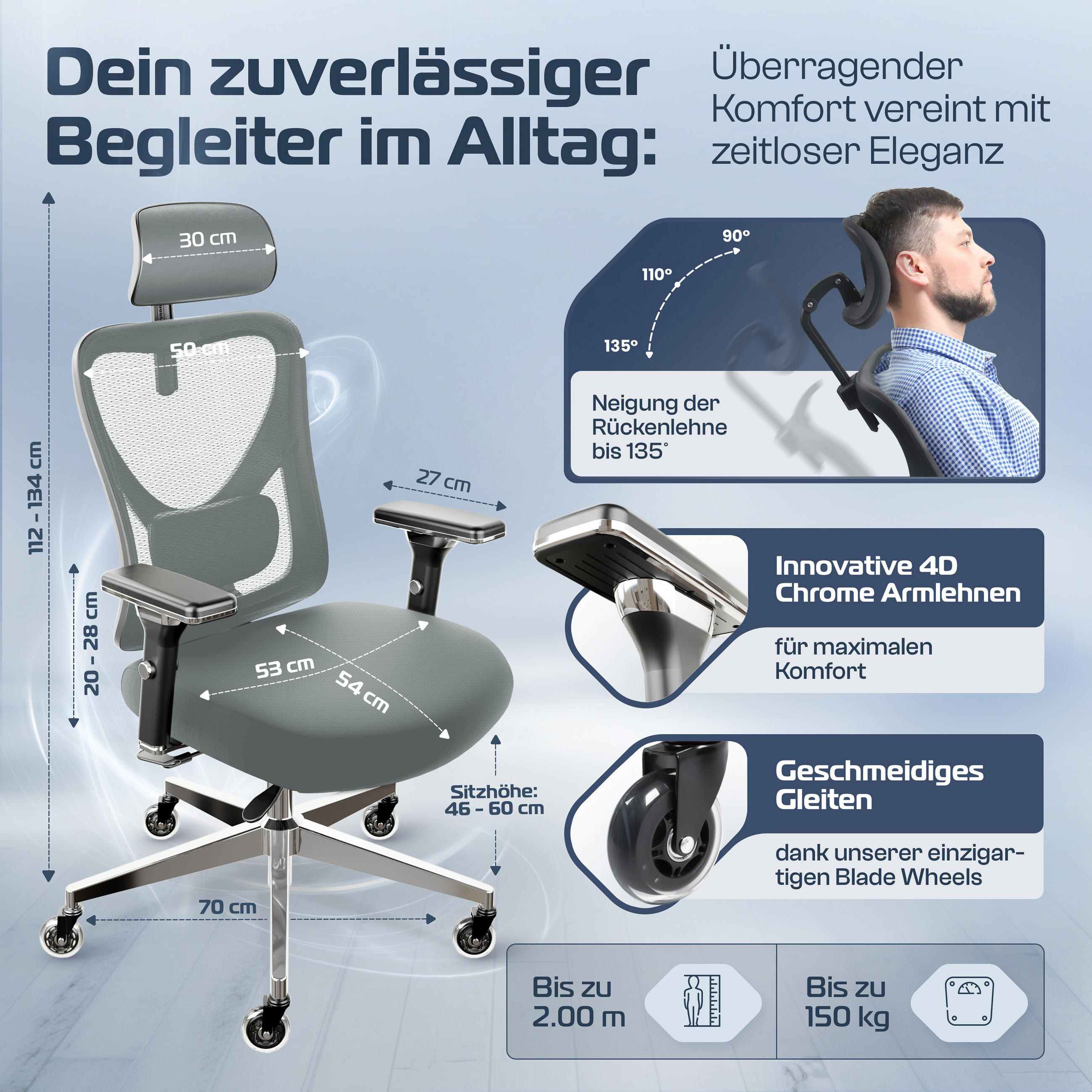 BÜROSTUHL CleverSeat Anthrazit - Anthrazit/Silberfarben, Kunststoff/Textil (70/134/70cm) - Clouvou