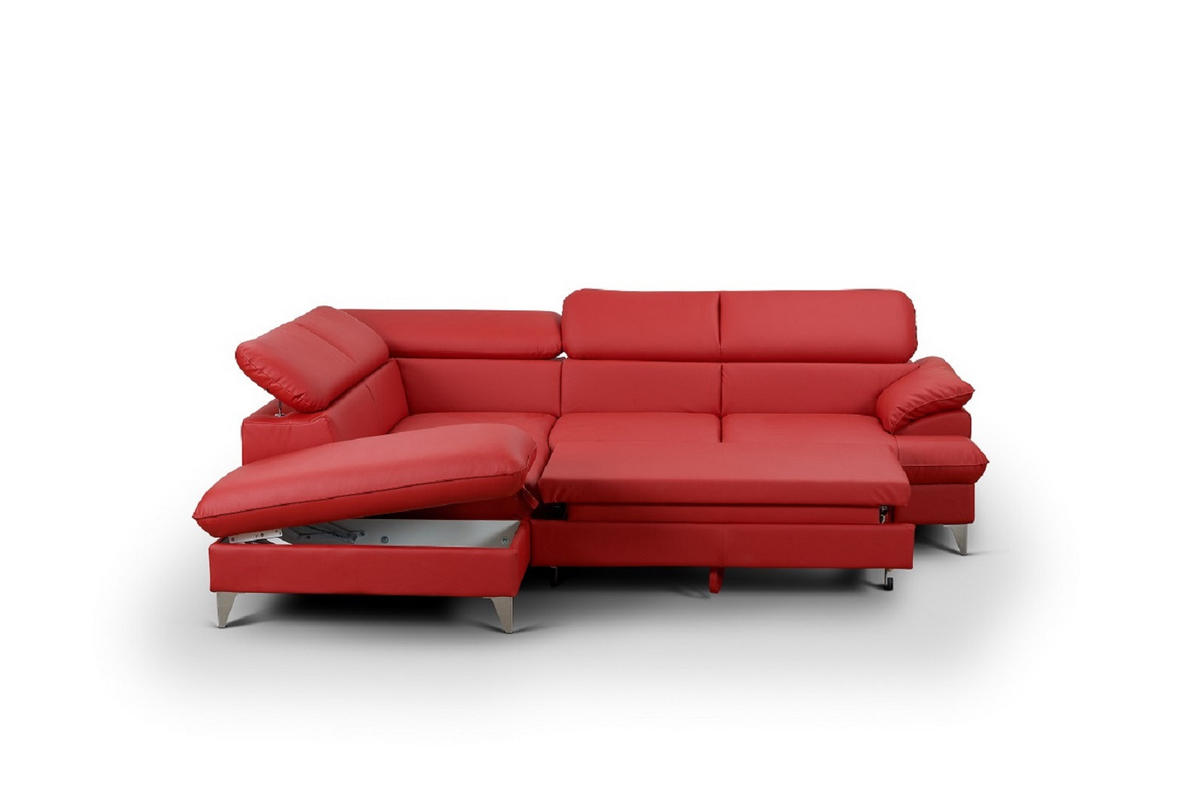 ECKSOFA mit Schlaffunktion und Bettkasten, verstellbare Kopfstützen - Chromfarben/Rot, Textil/Metall (256/208cm) - Cotta