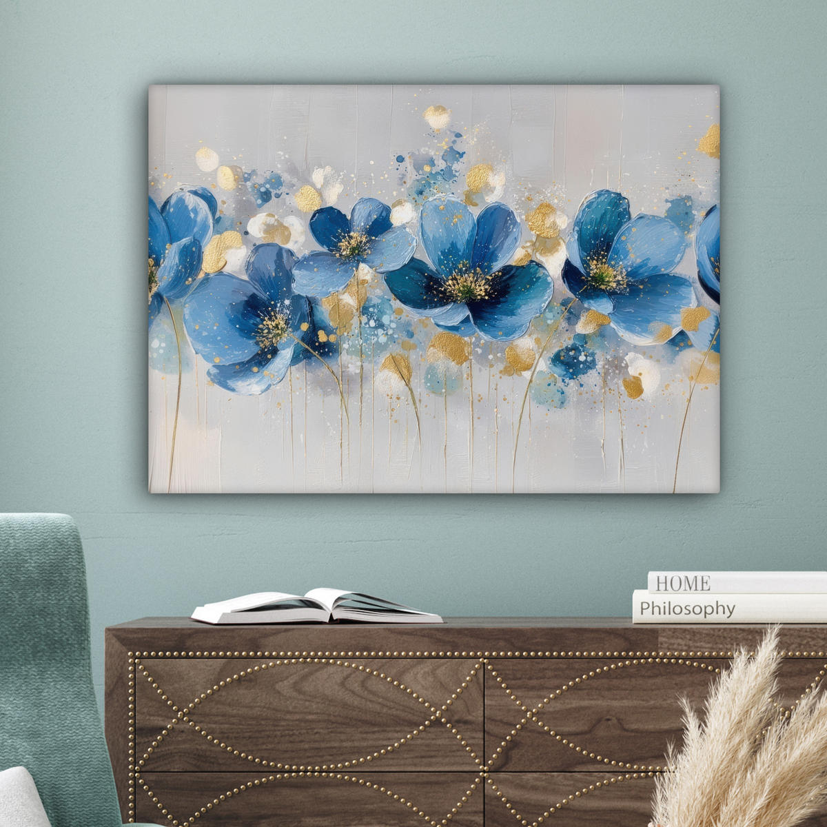 LEINWANDBILD Blumen - Blau - Abstrakt Wandbilder 80x60 cm - Hellgrau, Textil (80/60cm) - MuchoWow