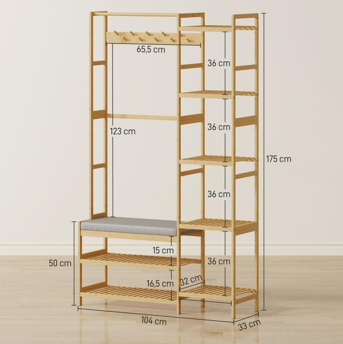 KLEIDERSTÄNDER 104/175/33 cm Naturholz aus Bambus mit Schuhschrank - Naturfarben, Naturmaterialien (33/175/104cm) - OKMYHOME