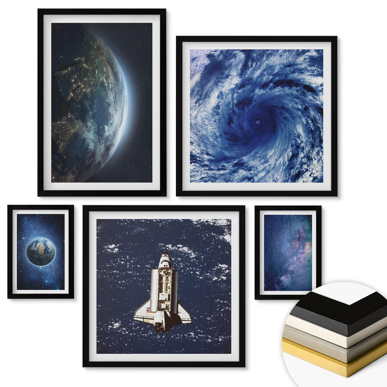 WANDBILDER 5er-Set - 50x50 cm & 20x30 cm & 40x60 cm Schwarzer Rahmen - Erde Weltraumsturm Galaxie - Schwarz, Kunststoff (40/60cm) - ArtPrintCave