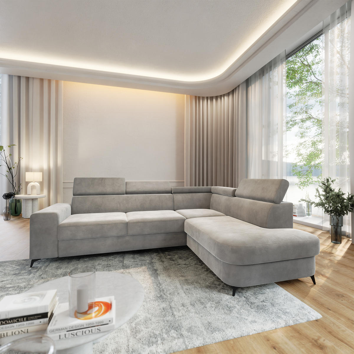 ECKSOFA ALVORO R-S Hellgrau Velours-Stoff mit Schlaffunktion - Hellgrau, Holz (253/190cm) - MASSENO