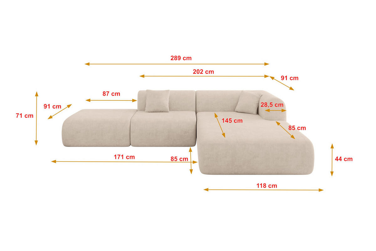 ECKSOFA Ottomane Rechts OVLY-L 289x176x71 Beige Samt - Beige/Schwarz, Holzwerkstoff/Kunststoff (289/176cm) - ALTDECOR