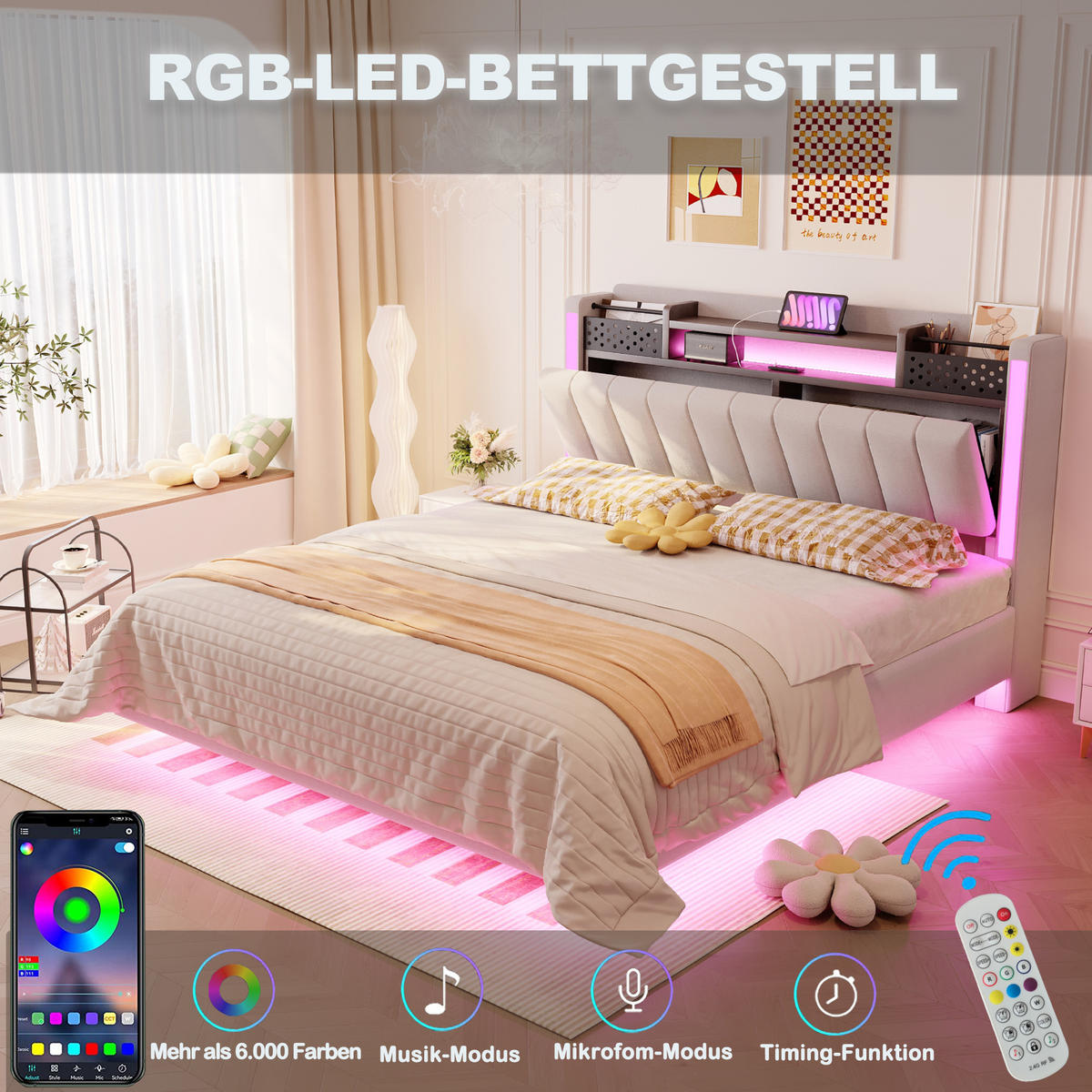 POLSTERBETT 140/200 cm in Beige Leinen mit LED, USB und Stauraum - Beige, Holzwerkstoff/Textil (140/200cm) - WISHDOR
