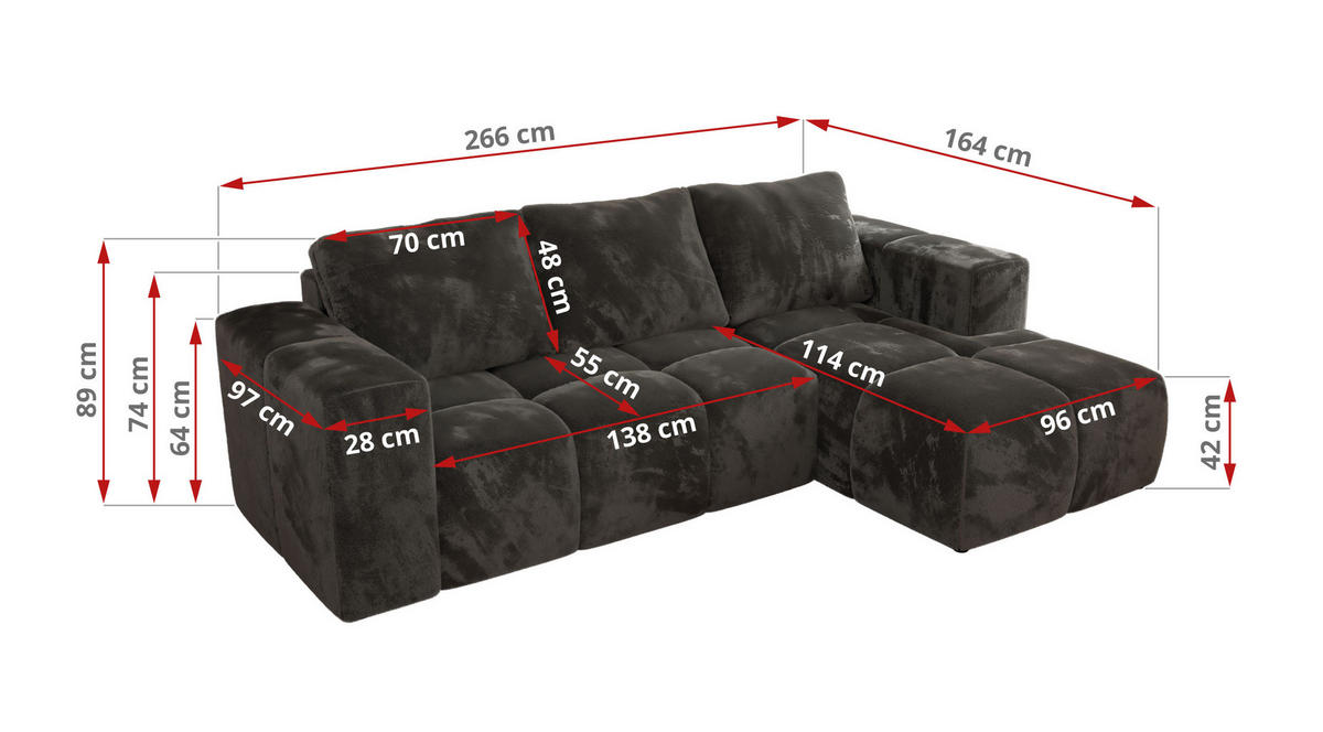 ROHOVÁ SEDAČKA MONIVA L - Tmavě šedá Plyš - Pravá Strana - černá/tmavě šedá, textil/plast (266/164cm) - MKS