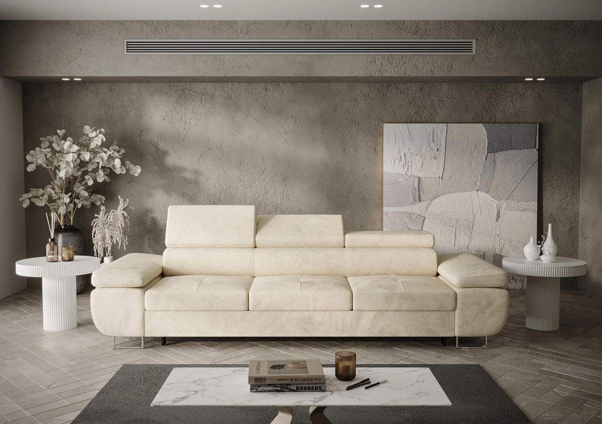 SCHLAFSOFA PRAGA 3, Sofa mit Schlaffunktion, Farbe: Beige, Velourstoff - Beige, Textil (276/90/100cm) - O-Sofa