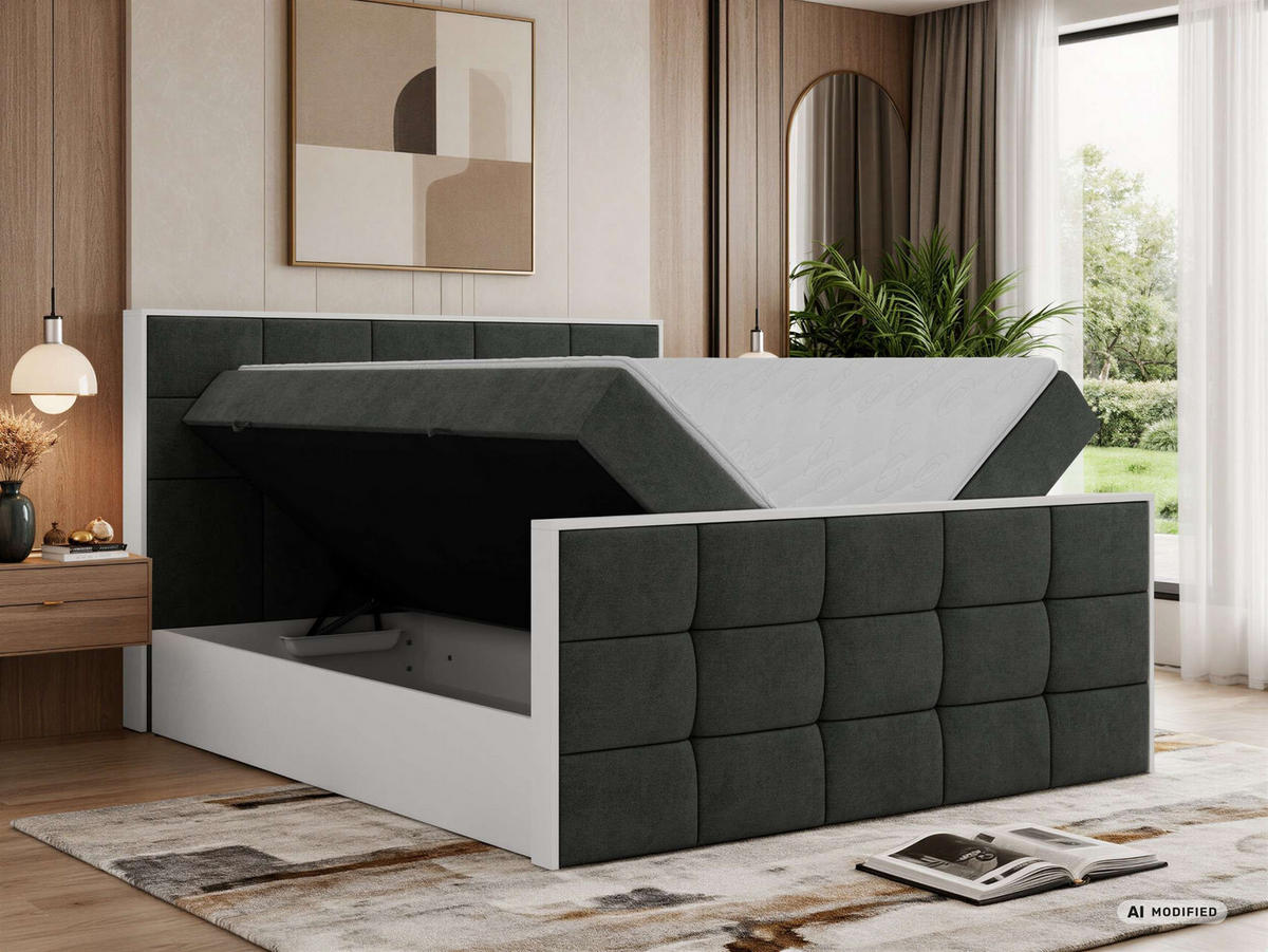 BOXBETT ALVIT DUO 160/200 - Dunkelgrau Stukture - Topper Visco - H4 - Dunkelgrau/Schwarz, Kunststoff/Textil (160/200cm) - MKS