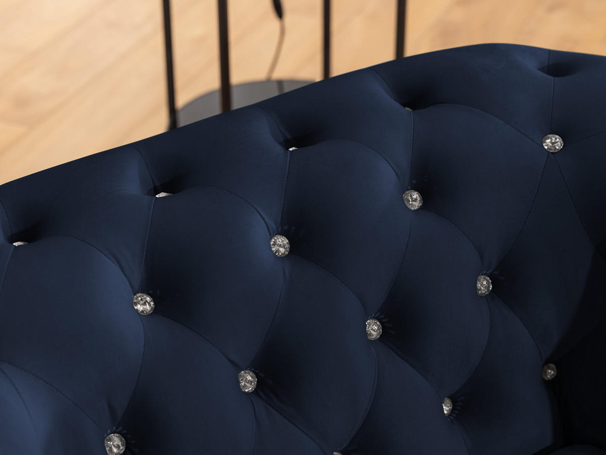 ECKSOFA mit Schlaffunktion Chesterfield Marineblau Samt mit Kristallsteppung und braunen Massivholzfüßen - Ottomane Links - Blau/Braun, Holz/Textil (264/210cm) - S-Style Möbel