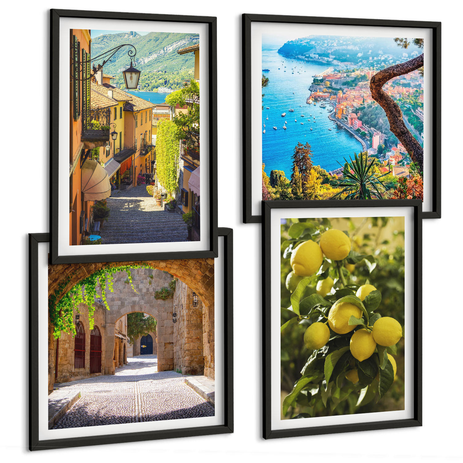 BILDER SET 4er Set - 50x50 cm & 40x60 cm Schwarzer Rahmen - Straßen am Meer, ein Meer aus Zitronen - Schwarz, Kunststoff (50/50cm) - TULUP