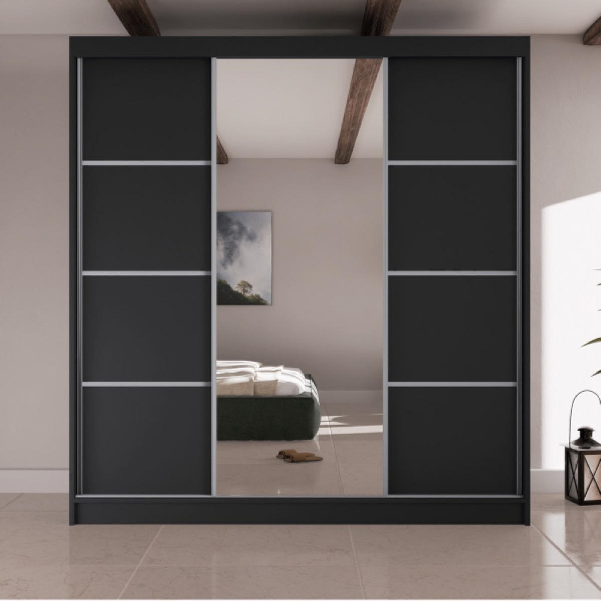 SCHRANK Schwarz Filo V200 Mit Spiegel Und Silbernen Sprossen - Silberfarben/Schwarz, Holzwerkstoff (200/215/61cm) - Sepro Meble