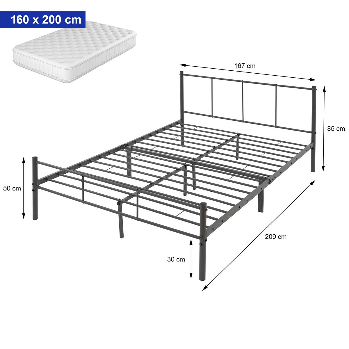 METALLBETT 209/167 cm - Anthrazit, Metall (160/200cm) - ML-DESIGN