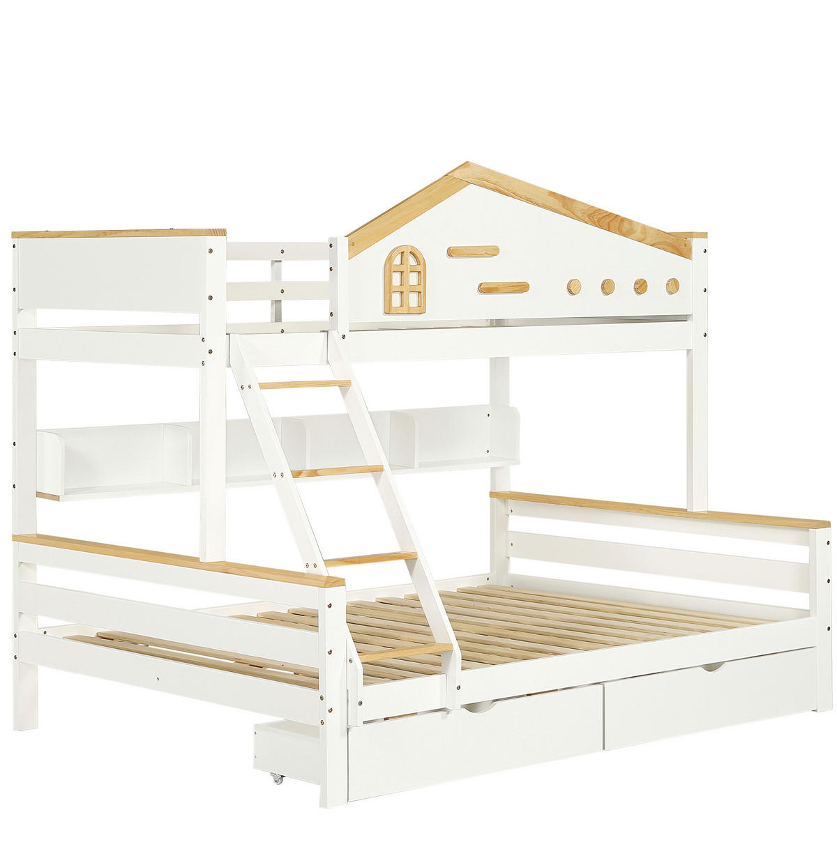 ETAGENBETT 90/200 & 140/200 cm aus Kiefer und MDF mit Regalen, 2 Schubladen und Schrägleiter, Weiß/Natur - Weiß, Holzwerkstoff (90/200cm) - Redom
