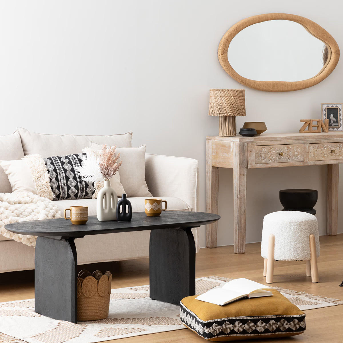 POUF mit Kiefernbeinen Boucl 41/35/41,5 cm - Weiß, Holzwerkstoff (35/41.5/41cm) - Atmosphera Createur d´interieur