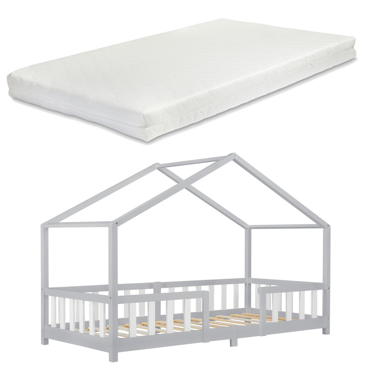 HAUSBETT Treviolo mit Matratze - Hellgrau/Weiß, Holz/Textil (90/200cm) - [en.casa]