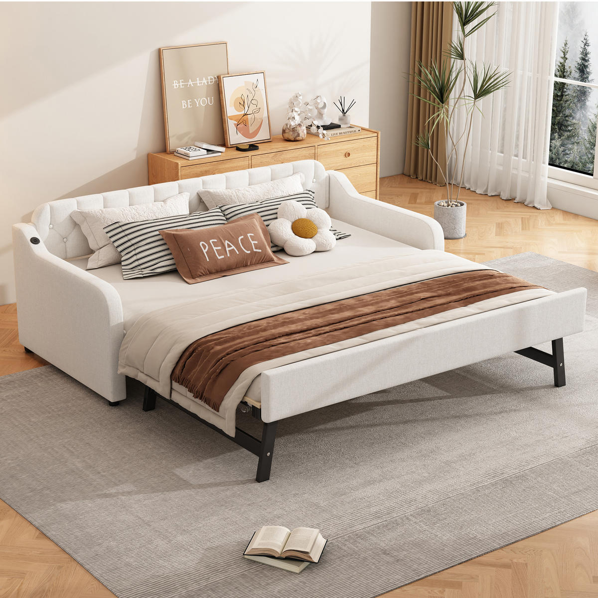 DAYBETT 90x200 cm Rollbett USB beige - Beige, Textil (90/200cm) - LEBENLANG