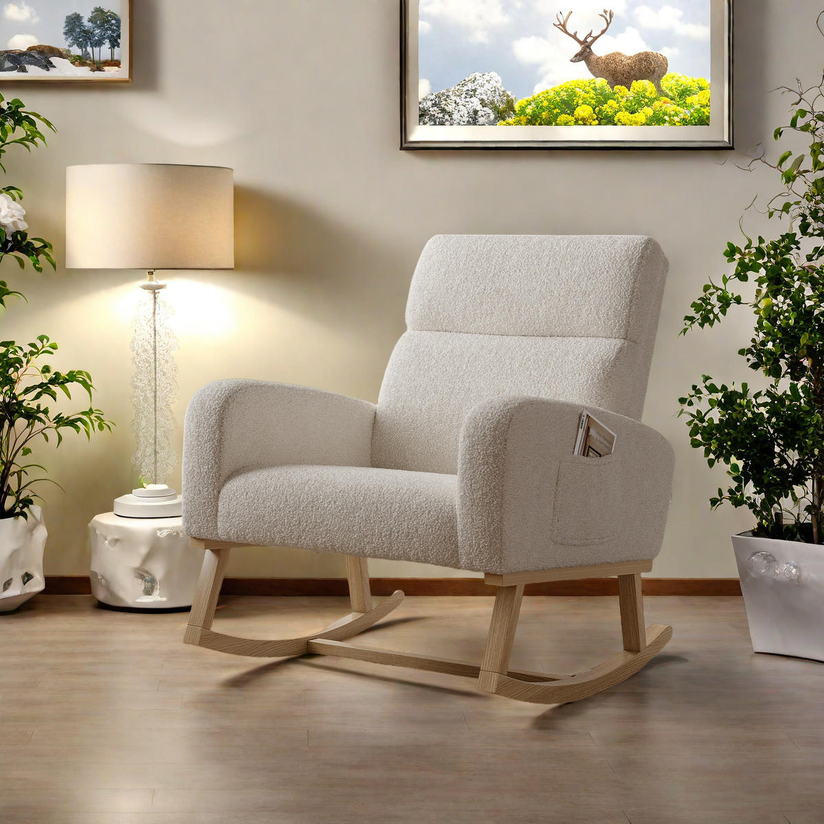 SCHAUKELSTUHL Beige Sherpa Mit Massivholzbeinen Skandinavisch - Beige, Holz (69.2/87/78.5cm)