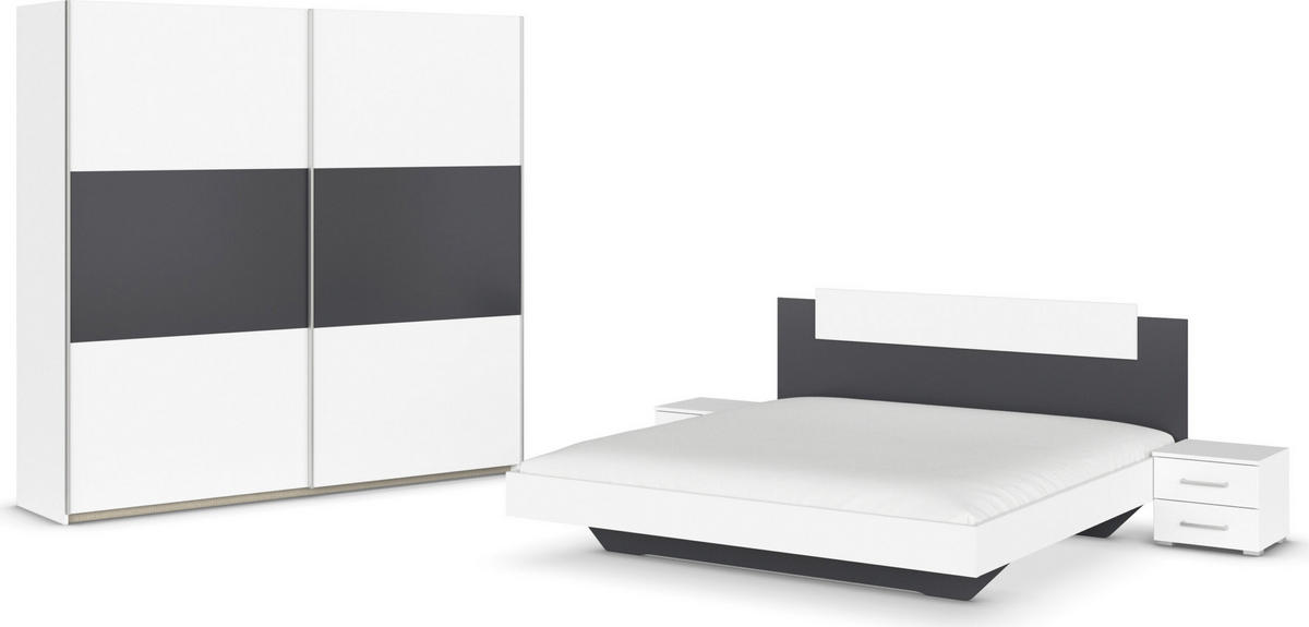 SCHLAFZIMMER Borba in Weiß und Grau 4 teilig – mit Bettanlage 180x200cm, zwei Nachttisch und Schwebetürenschrank 218cm Breite - Weiß, Holzwerkstoff (80/200/120cm)