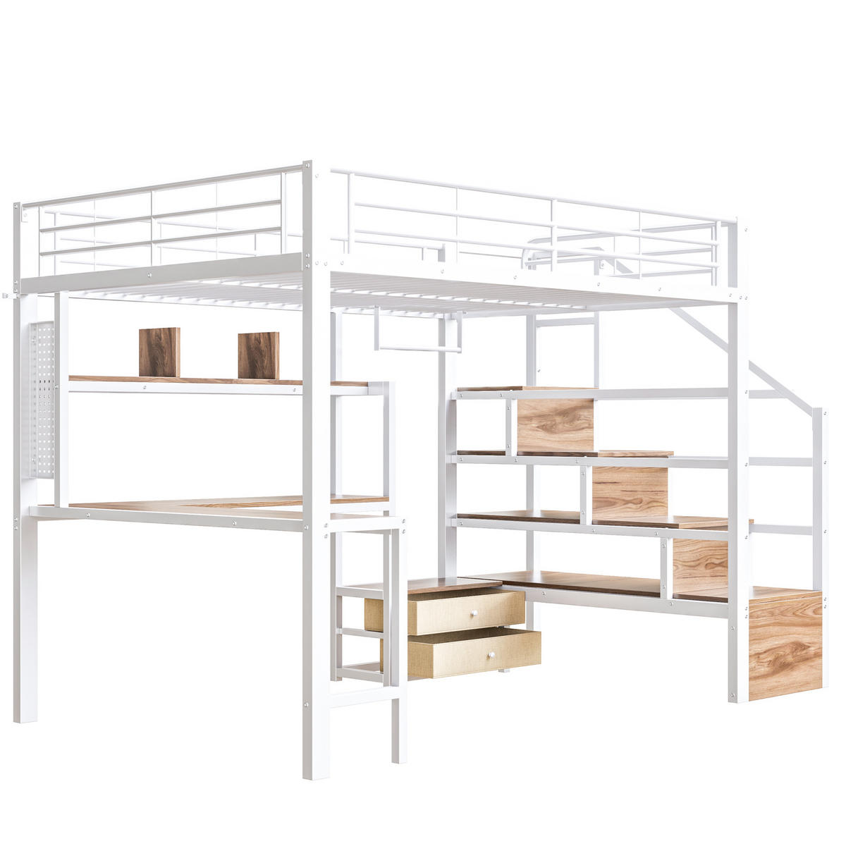 HOCHBETT 140/200 cm mit Eisenrahmen Weiß, Schreibtisch, Stauraumtreppe und LED-Licht - Weiß, Metall
