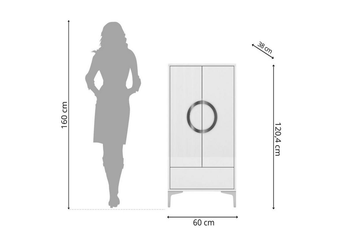 HIGHBOARD Eva, Weiß, Silberne Akzente, Hochglanz - Weiß Hochglanz/Silberfarben, Holzwerkstoff/Metall (60/120/38cm) - Kayani