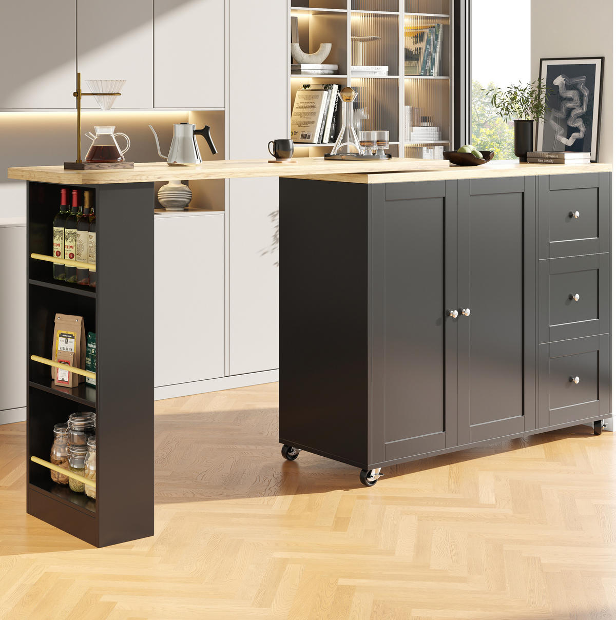 KÜCHENINSEL 135-203/39/106 cm aus MDF mit 360°-Drehfunktion und Rollen Schwarz - Schwarz, Holzwerkstoff (203/106/39cm) - Modenvie