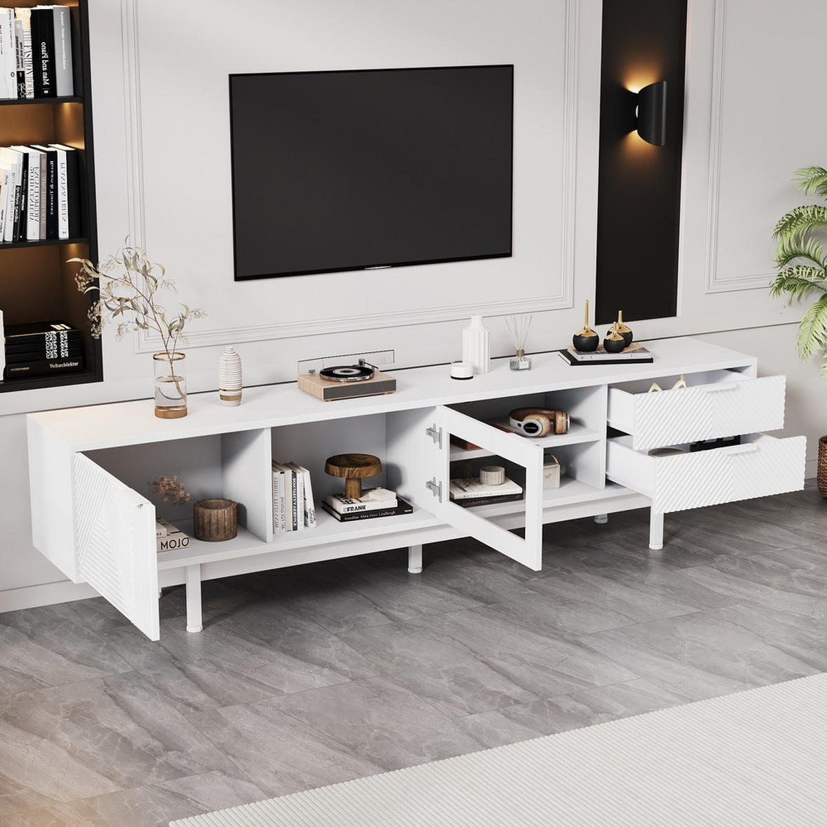 TV-SCHRANK 200x40cm Modern Weiß 2 Türen 2 Schubladen Stauraum bis 80 Zoll - Weiß, Holz (46.02/19.3/71.12cm) - FLIEKS