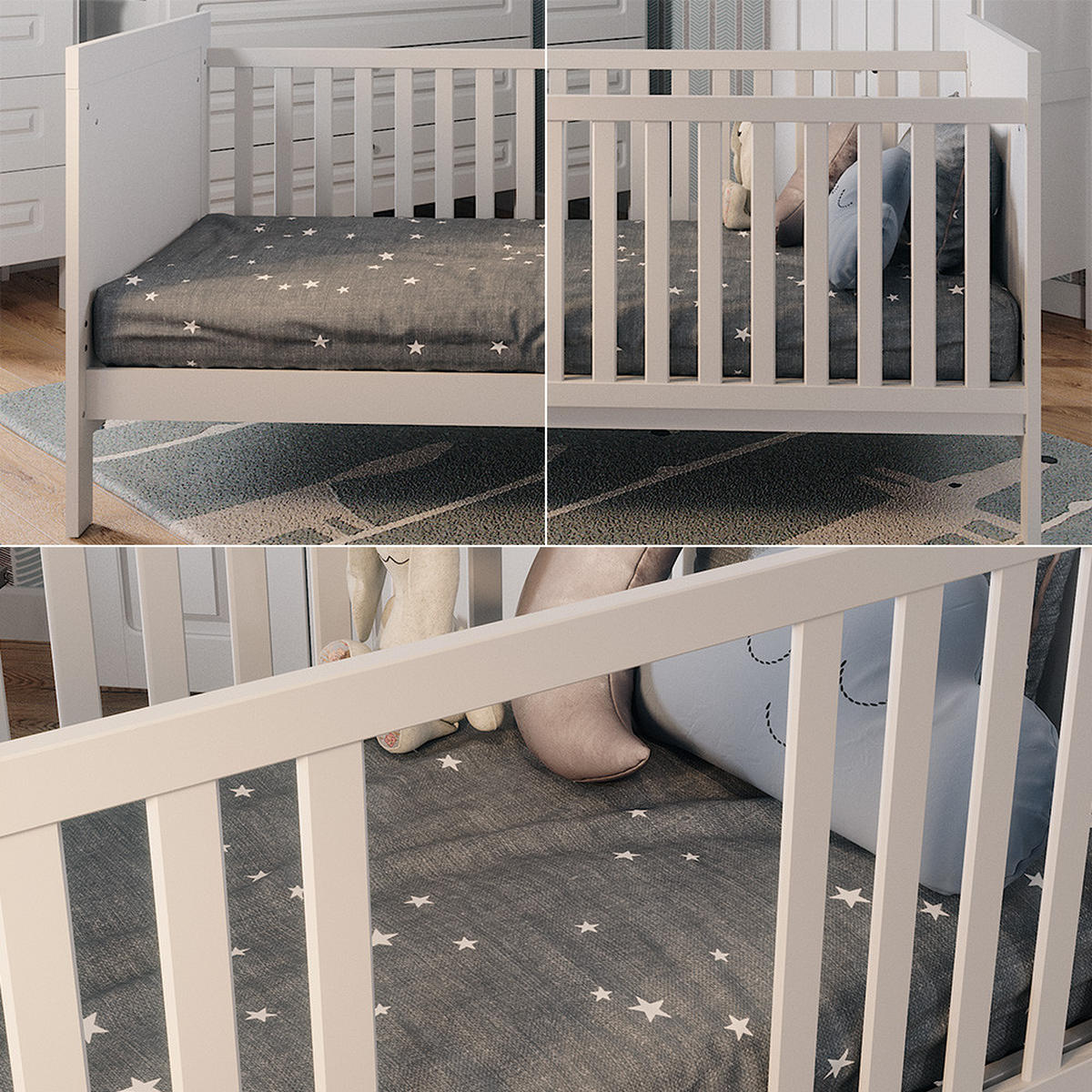BABYBETT Ajaton Weiß 144.4 x 83 cm mit Matratze - Weiß, Holzwerkstoff (144.4/83/80.8cm) - VitaliSpa