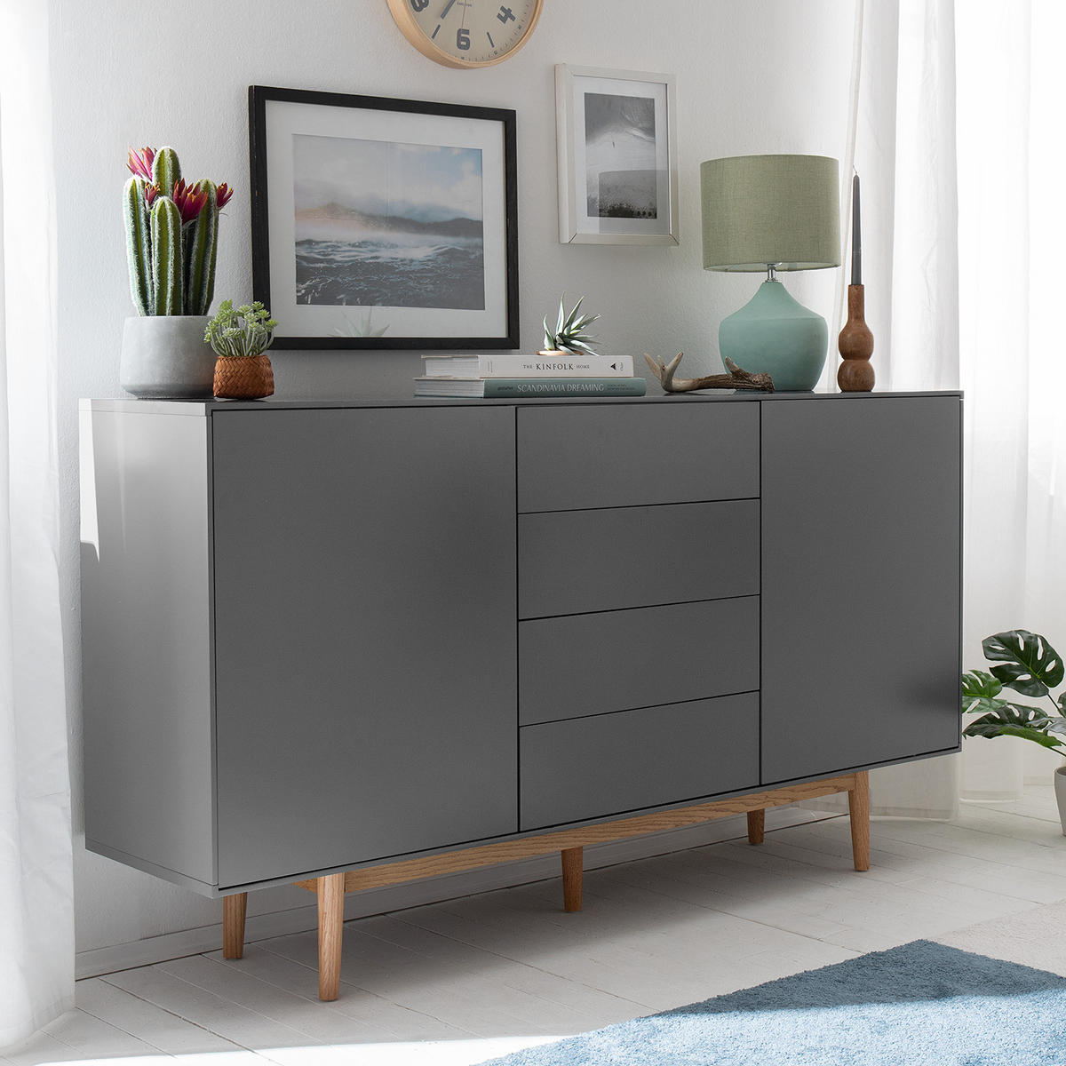 SIDEBOARD - Breite 160 cm - Eichefarben/Grau, Eichenholz/Holz (160/90/40cm) - home24