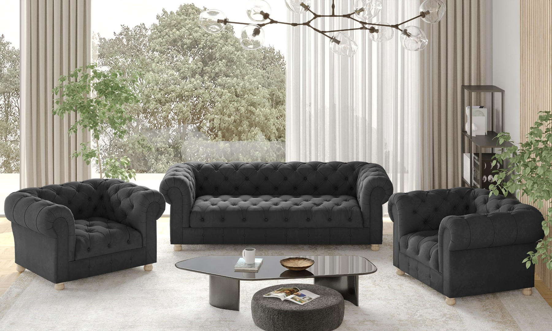 SITZGARNITUR 3+1+1 CHESTERFIELD Elegant Klassisch Schick Stoff Whisper Graphit - Graphitfarben, Holz (202/77/90cm) - Kaiser Möbel