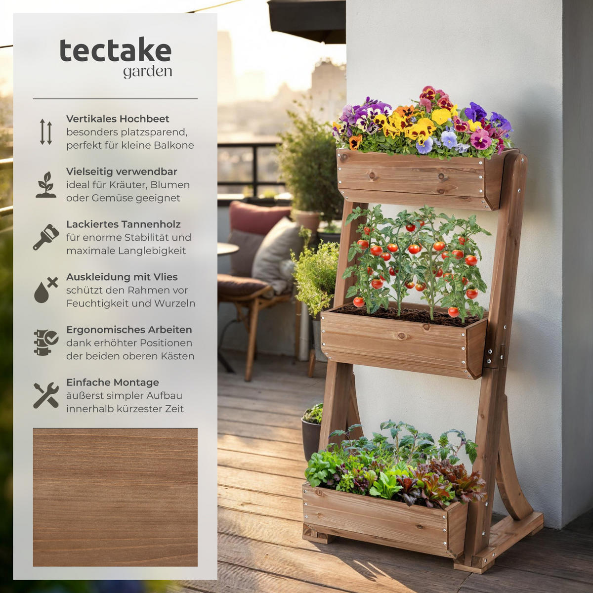 VERTIKALBEET Flora,inklusive Pflanzvlies, 60 x 49 x 140 cm,braun - Braun, Holz (60/140/49cm) - tectake