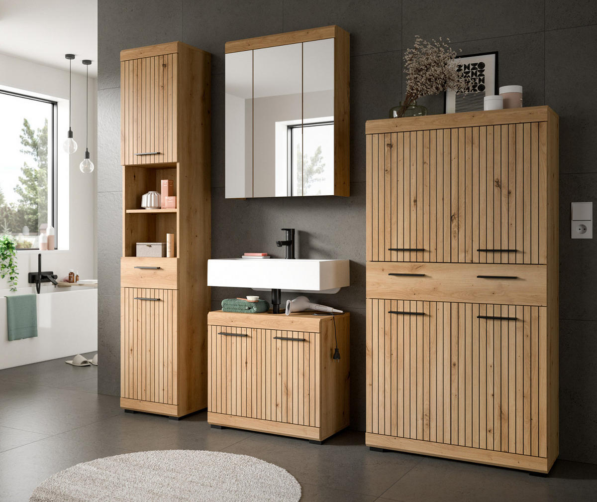 BADMÖBEL-SET Eiche Artisan 4-teilig 200 x 191 cm, Badkombination in modernem Design - Schwarz/Eiche Artisan, Glas/Holzwerkstoff (201/191/34cm) - Inn.Furn