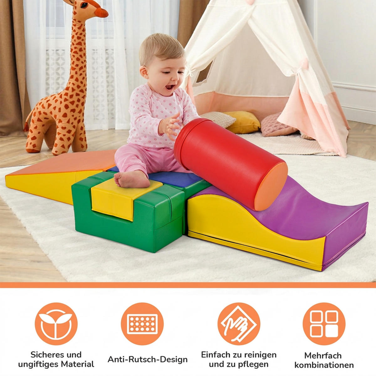 RIESENBAUSTEINE 6-tlg Kinder Klettern Rutschen Krabbeln bunt Soft - Gelb, Leder (60/40/160cm) - FLIEKS