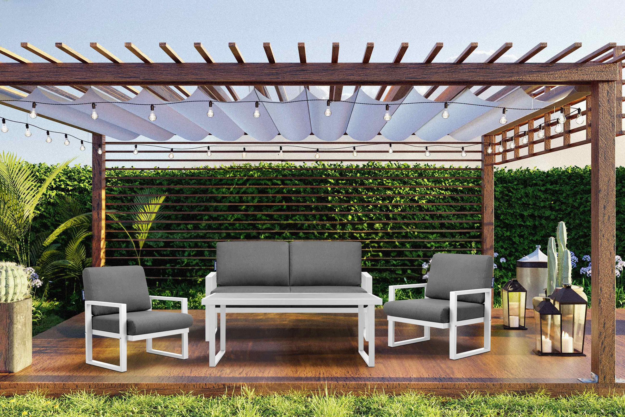 Thumbnail - Konsimo® Terrassenmöbel, Weiß, Grau, Metall, 4-Sitzer, L-Form, Gartenmöbel, Gartenmöbel-Sets