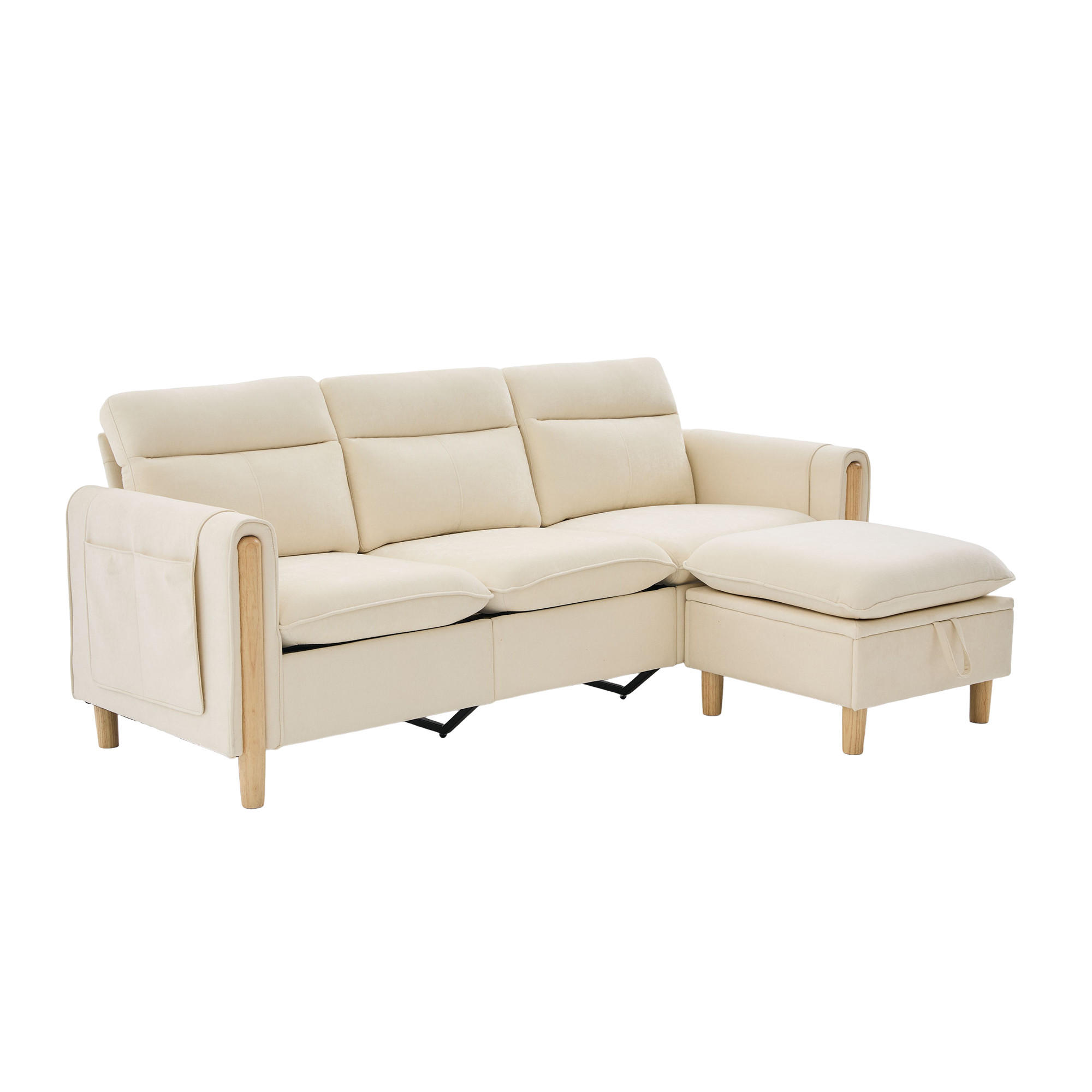 ECKSOFA DE-33940 mit Stauraumhocker und Seitentaschen Beige - Beige, Holz (77/201cm) - ComfortXL