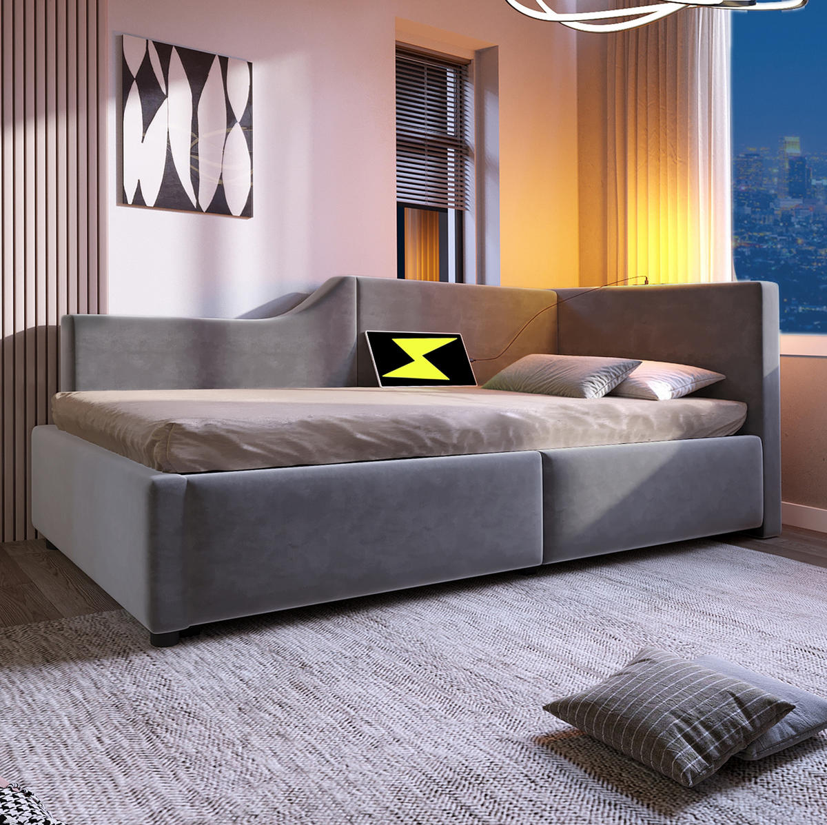 ČALOUNĚNÁ postel 90/190 cm, samet, šedá s úložným prostorem, LED lampou a USB-C - šedá, textil (90/190cm) - BEAOK