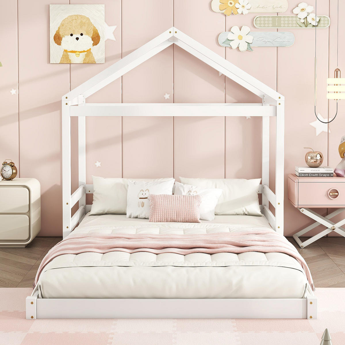 HAUSBETT 140/200 cm Weiß aus Kiefernholz und MDF mit Lattenrost - Weiß, Holz (140/200cm) - OKMYHOME