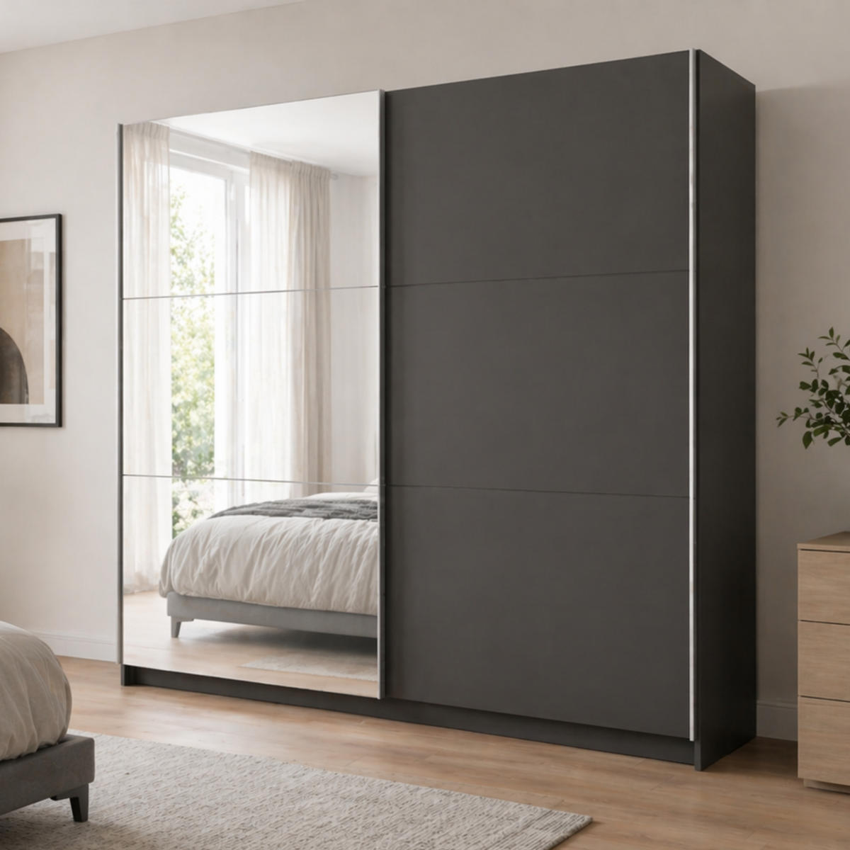SCHWEBETÜRENSCHRANK 2-Türen mit Spiegel in Graphit - Graphitfarben, Holzwerkstoff (60/207/200.6cm) - Home Collective