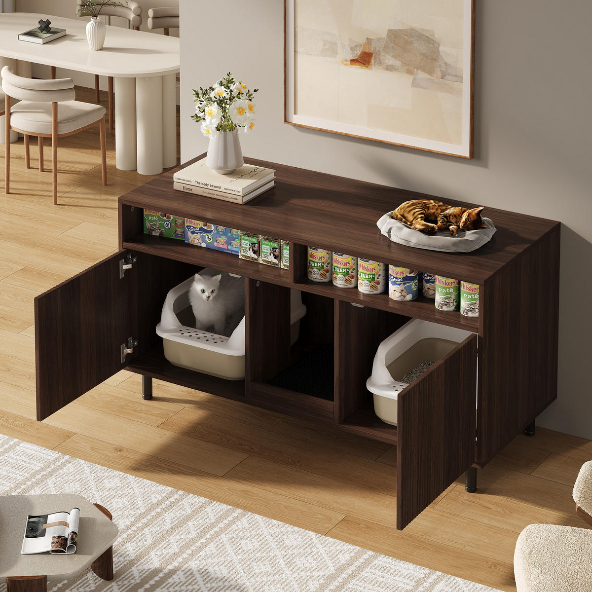 KATZENTOILETTEN-SCHRANK Walnuss, 120/50/66 cm, mit Ablagefächern und Streuauffangmatte - Walnussfarben, Holzwerkstoff/Metall (120/66/50cm) - CHICFURN
