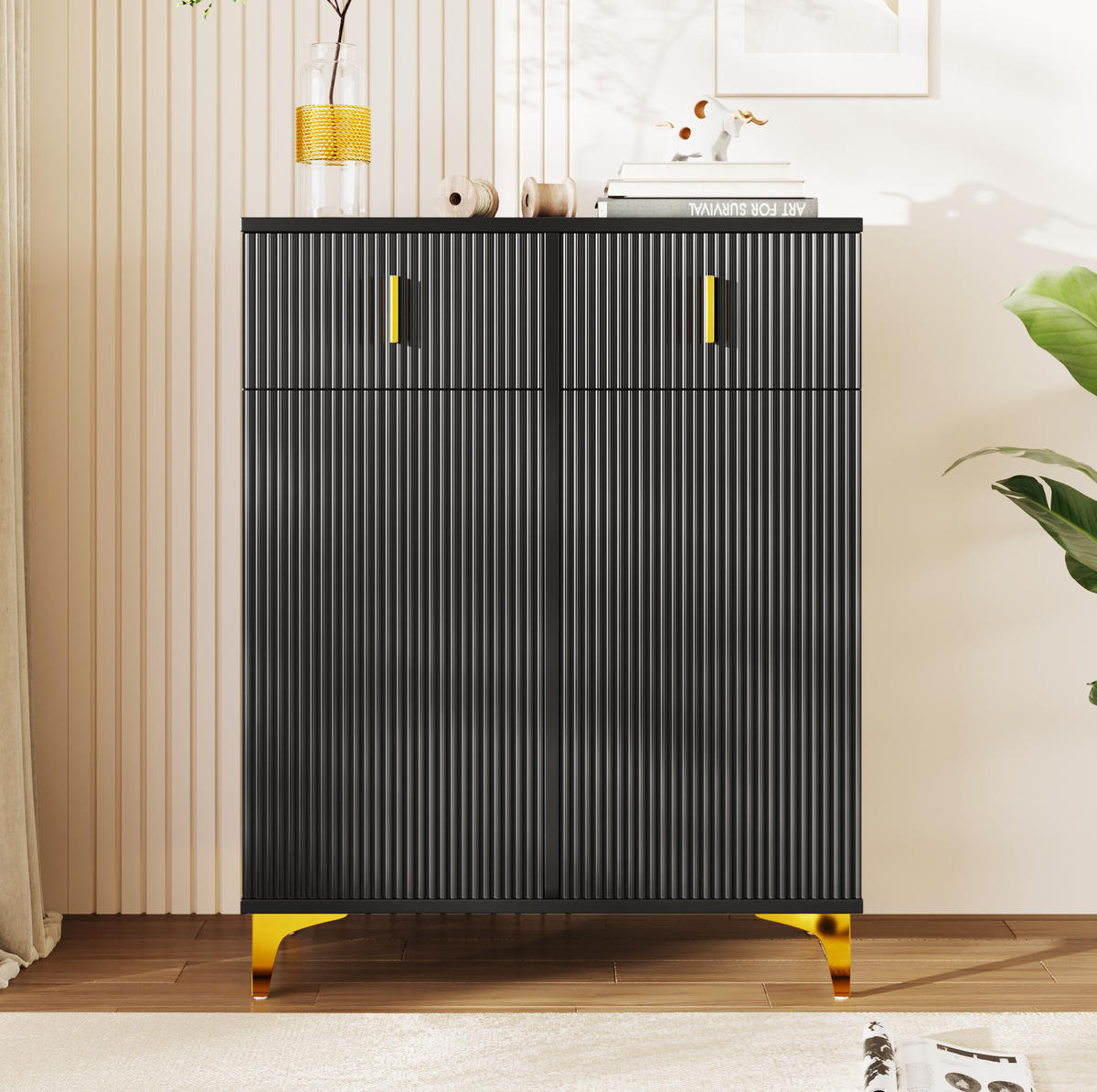 SCHUHSCHRANK mit 2 Schubladen und 2 Türen, strukturierte Paneele mit vergoldeten Akzenten, 83/35/101 cm, Schwarz - Schwarz, Holzwerkstoff (83/35/101cm) - Redom