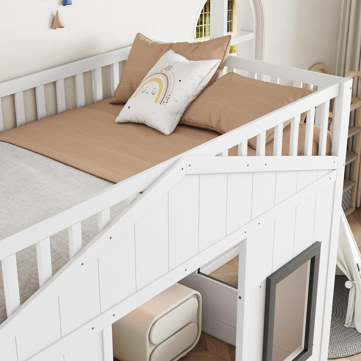 ETAGENBETT 90/200 cm Weiß mit Treppe und Fallschutz aus Kiefer+MDF - Weiß, Holzwerkstoff (90/200cm) - OKWISH