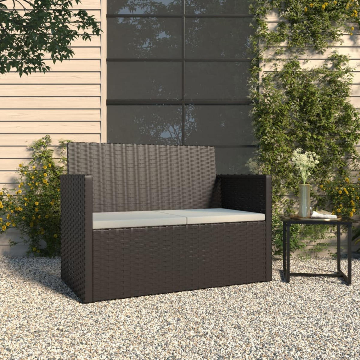 GARTENBANK mit Kissen Schwarz 105 cm Poly Rattan - Schwarz, Kunststoff (105/75/56cm) - furnicato